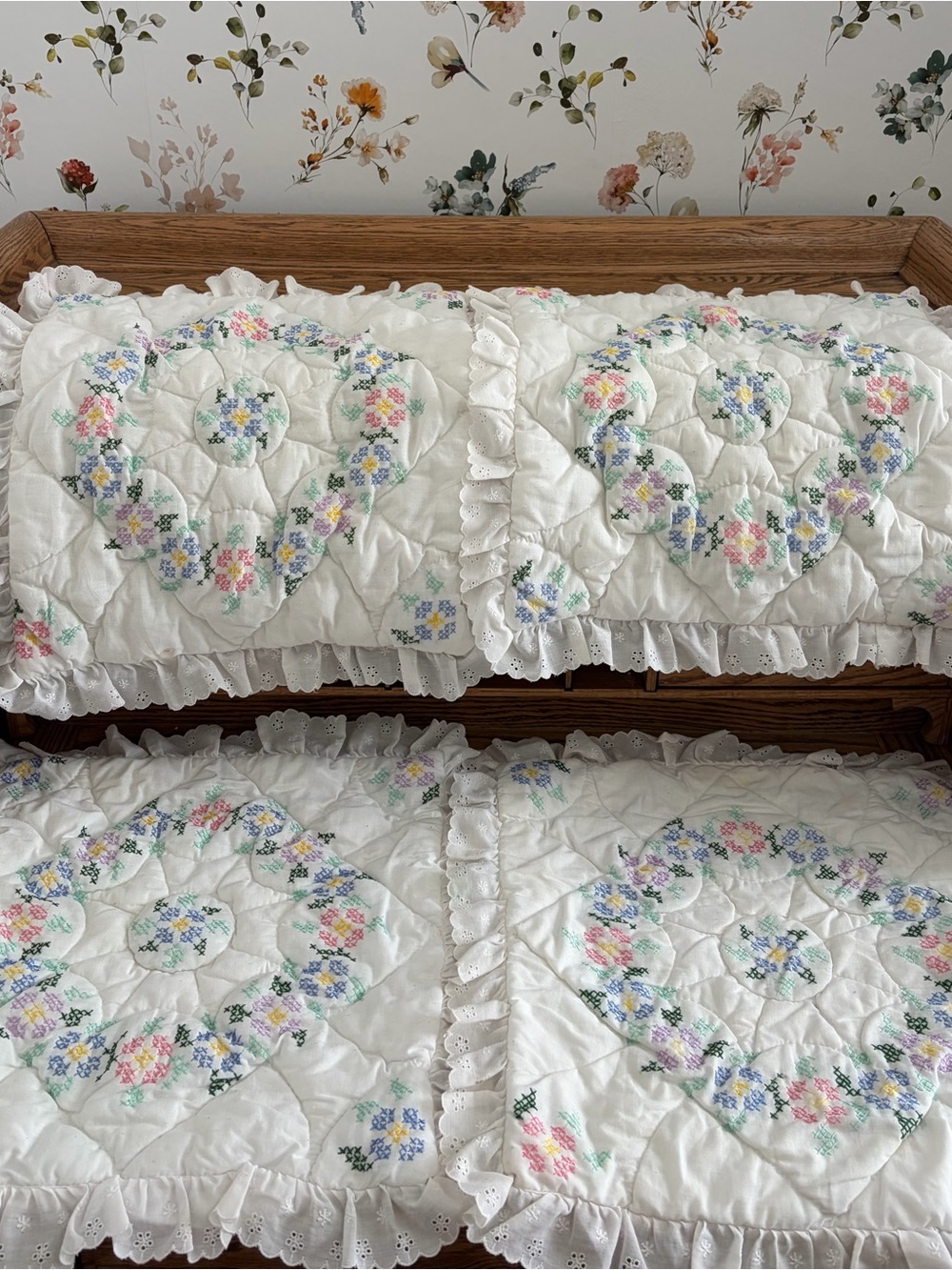 Vintage Quilted Cross Stitch Pillow Shams (TWO ONLY!!)